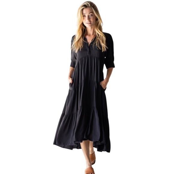 NATURAL LIFE Dresses & Skirts - Natural Life Rebecca Midi Dress Black Tiered Rayon Pockets Lagenlook Flowy - M